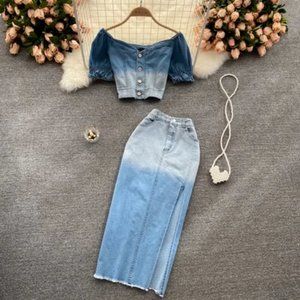Gradient Color Summer Denim Skirts Set For Women